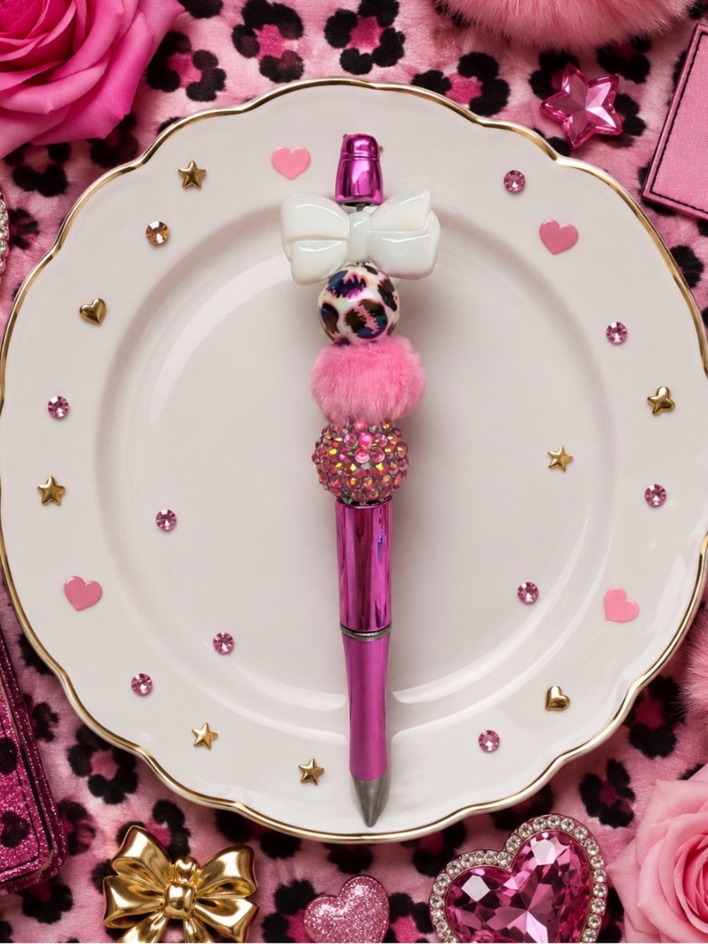 Handmade Pink Bow Pom-Pom Decorative Ballpoint Pen